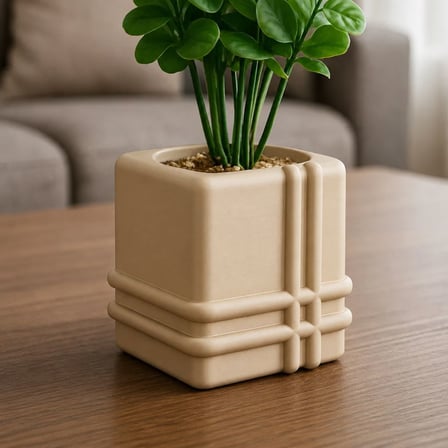 3D Baskı Square Planter - Izgara Desenli Küp Saksı-Bej