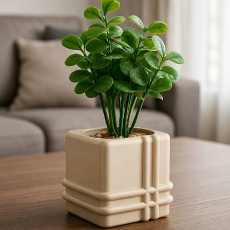 3D Baskı Square Planter - Izgara Desenli Küp Saksı-Bej