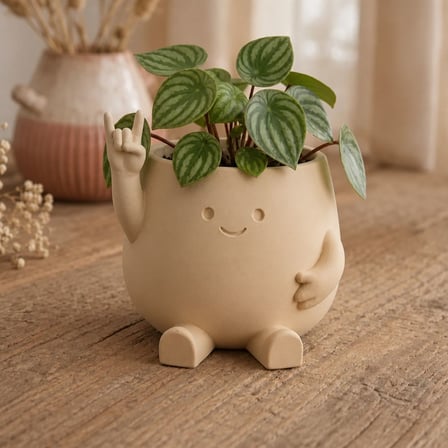 3D Baskı Smiley Face Planter - Gülümseyen Karakterli Saksı-Bej