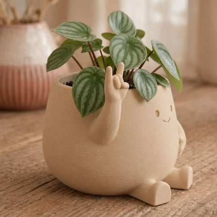 3D Baskı Smiley Face Planter - Gülümseyen Karakterli Saksı-Bej