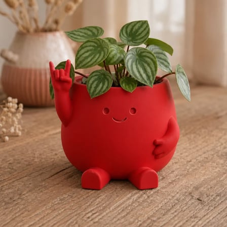 3D Baskı Smiley Face Planter - Gülümseyen Karakterli Saksı-Kırmızı