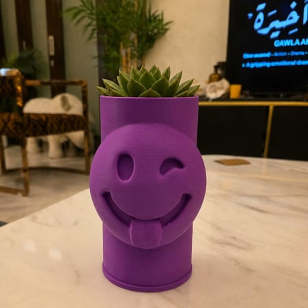 3D Baskı Emoji Planter - Göz Kırpan Yüzlü Sukulent Saksısı-Mor