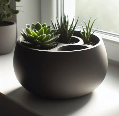 3D Baskı 3lü Sukulent Saksısı ve Kalemlik Organizer - Dekoratif Masaüstü Bitki Saksısı-Siyah