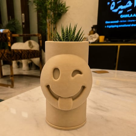 3D Baskı Emoji Planter - Göz Kırpan Yüzlü Sukulent Saksısı-Bej