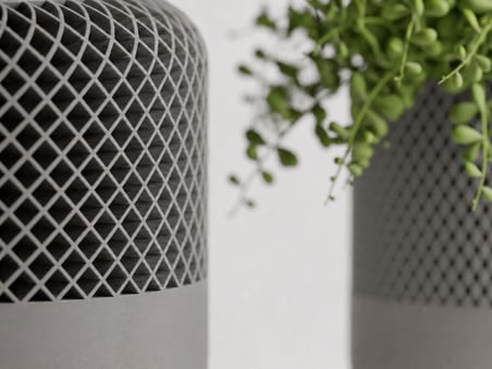 3D Baskı Modern File Desenli Dekoratif Saksı - Minimal Çiçek Saksısı, Ev ve Ofis Bitki Saksısı-Gri