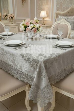 Kadife Tek Masa Örtüsü 160x220cm - Dantelli Yemek Masası Örtüsü 160x220cm Tek Masa