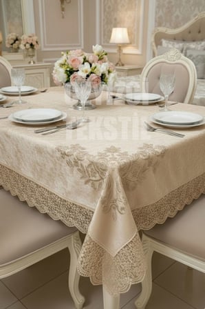 Kadife Tek Masa Örtüsü 160x220cm - Dantelli Yemek Masası Örtüsü 160x220cm Tek Masa