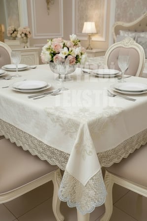 Kadife Tek Masa Örtüsü 160x220cm - Dantelli Yemek Masası Örtüsü 160x220cm Tek Masa