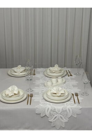 Masa Örtüsü Yemek Takımı 12 Kişilik 26 Parça Fransız Dantelli - Ekru