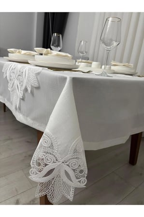 Masa Örtüsü Yemek Takımı 12 Kişilik 26 Parça Fransız Dantelli - Ekru