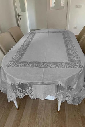 Desenli Dertsiz Leke Tutmaz Dantelli Masa Örtüsü, Çini Desen Masa Örtüsü - Gri