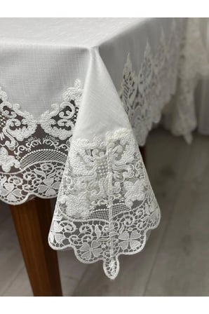Masa Örtüsü Yemek Takımı 12 Kişilik 26 Parça Fransız Dantelli - Ekru1
