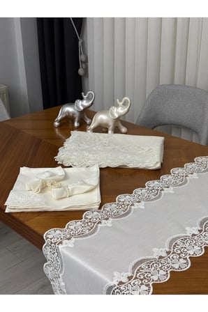 Masa Örtüsü Yemek Takımı 12 Kişilik 26 Parça Fransız Dantelli - Ekru1