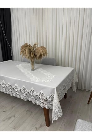 Masa Örtüsü Yemek Takımı 12 Kişilik 26 Parça Fransız Dantelli - Ekru1