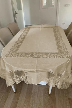 Desenli Dertsiz Örme Leke Tutmaz Dantelli Masa Örtüsü, Çini Desen Masa Örtüsü - Kahve