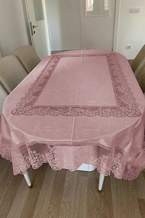 Desenli Dertsiz Örme Leke Tutmaz Dantelli Masa Örtüsü, Çini Desen Masa Örtüsü - Pudra