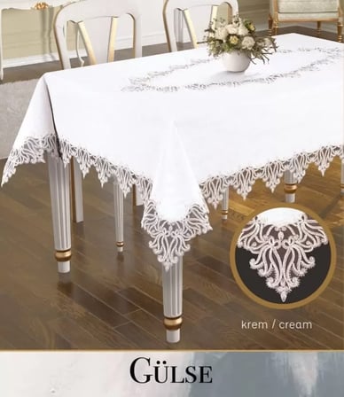 Gülse Model Keten Tek Masa Örtüsü 155x260 cm Dantelli Yemek Masası Örtüsü
