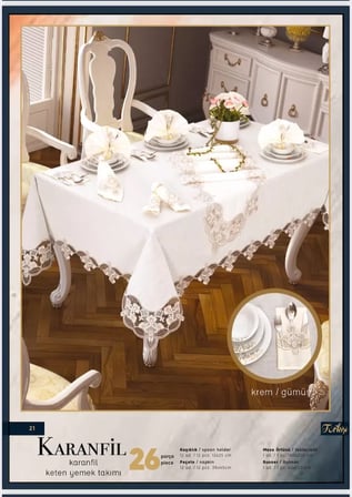 -Gümüş Karanfil Gardenya Keten 26 Parça 160 × 260cm Sofra Takımı