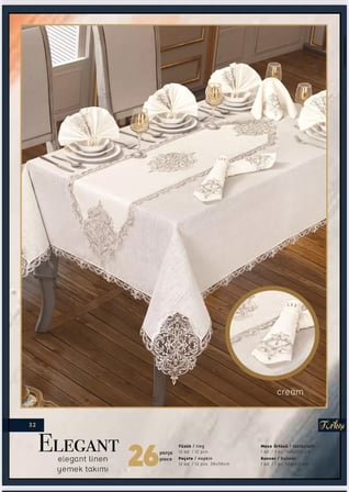 Elegant Linen -Gümüş 12 Kişilik 26 Parça 160 × 260 cm Runner Premium Sofra Masa Takımı