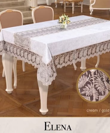 Keten İşlemeli Masa Örtüsü 160x220 cm Dantelli Yemek Masası Örtüsü Elena Model -