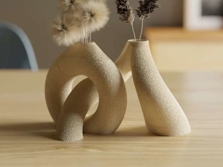 3D Baskı 2li Organik Formlu Vazo Seti Kum Dokulu Modern Kuru Çiçeklik Bej Dekoratif İkili Set