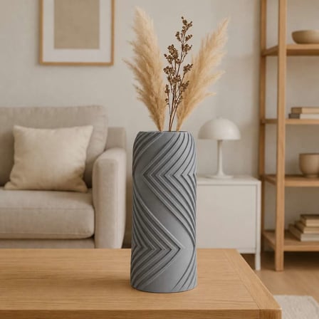 3D Baskı Vector Vazo - Geometrik Çizgili Dekoratif Vazo-Gri
