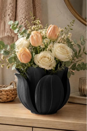 3D Baskı Lotus Yapraklı Vazo - Dekoratif Çiçeklik-Siyah