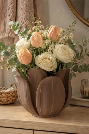 3D Baskı Lotus Yapraklı Vazo - Dekoratif Çiçeklik-Kahverengi