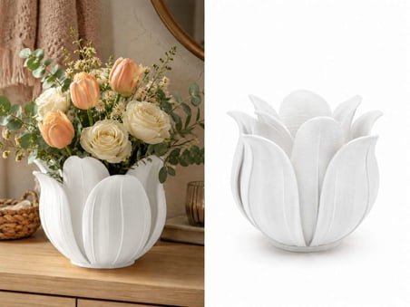 3D Baskı Lotus Yapraklı Vazo - Dekoratif Çiçeklik-Beyaz