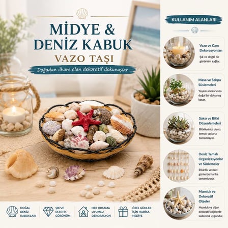 Ahşap Yuvarlak Sepet Fileli Renkli Midye Deniz Kabuk Vazo Taşı