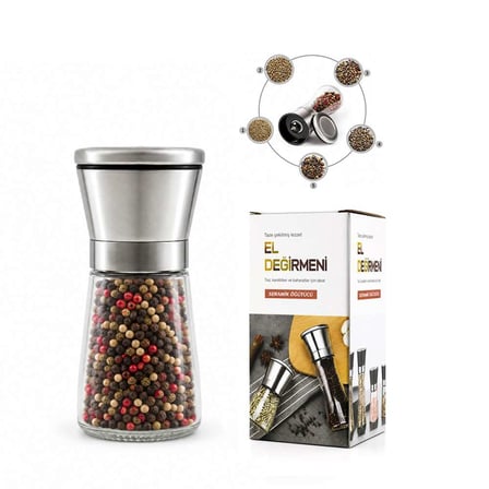 Mini Cam Hazneli Tuz ve Baharat Öğütücü - Krom Kaplama