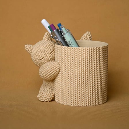 3D Baskı Knitted Kalemlik - Sevimli Karakterli Masaüstü Kalem Organizeri-Bej
