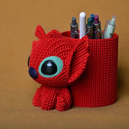 3D Baskı Knitted Kalemlik - Sevimli Karakterli Masaüstü Kalem Organizeri-Kırmızı