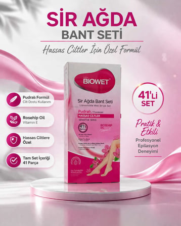 Biowet Pudralı Sir Ağda Bant Seti 41’li Hassas Ciltler İçin Rosehip Vitamin E Epilasyon Seti 1 Paket