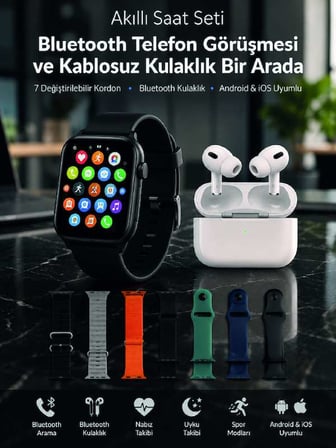Bluetooth Telefon Görüşmeli Akıllı Saat Seti Kablosuz Bluetooth Kulaklık 7 Değiştirilebilir Kordon