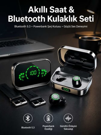 TWS Bluetooth Kulaklık ve Akıllı Saat Uyku Takibi Nabız Ölçer Uzun Pil Ömrü