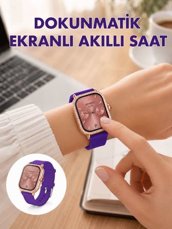 Pembe Mor ve Metal Kordonlu Akıllı Saat Hediye Seti