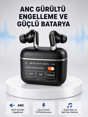 ANC Teknolojili Kablosuz Bluetooth Kulaklık – Dokunmatik, Dijital Göstergeli, Yüksek Ses Kalitesi