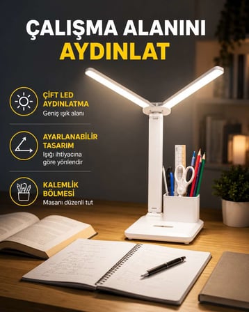 Kısılabilir LED Masa Lambası – Kalemlik ve Telefon Standlı, Göz Yormayan Işık Yeni Nesil