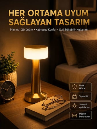 Kablosuz Renkli Masa Ve Gece Lambası Altın Rengi Dokunmatik Led Lamba