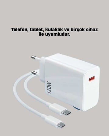 120W Güçlü Hızlı Şarj Adaptörü ve Type-C Kablo Seti – Güvenli Şarj Teknolojisi