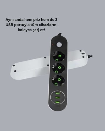 Akım Korumalı Anahtarlı USB Girişli Üçlü Priz