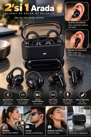 Kablosuz Bluetooth Kulaklık 2’si 1 Arada Klipsli Kulak İçi 4’lü Siyah