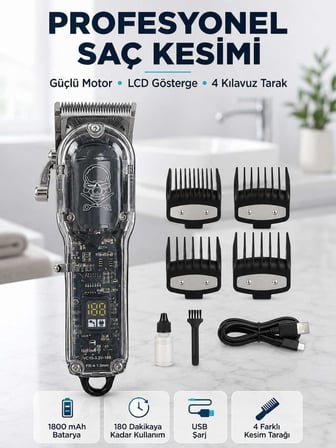 Profesyonel Erkek Tıraş Makinesi Güçlü Motorlu LCD Göstergeli 1800 mAh Bataryalı USB Şarjlı Saç Kesm