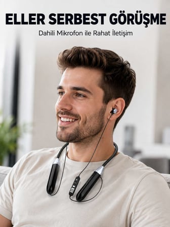 Uzun Kullanım Süreli Bluetooth Kulaklık Boyun Bantlı Mikrofonlu Kablosuz Müzik ve Görüşme Kulaklığı