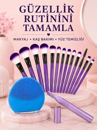 Kadın Güzellik Seti 12’li Mor Makyaj Fırçası Kaş Düzeltici ve Silikon Yüz Temizleme Cihazı Cilt Bakı