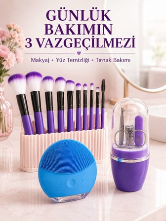 3’lü Güzellik ve Bakım Seti 12’li Mor Makyaj Fırçası Silikon Yüz Temizleme Cihazı ve Manikür Tırnak 