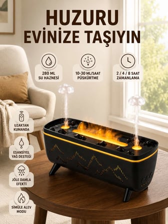 Alev Efektli Hava Nemlendirici 280 ML Esansiyel Yağ Uyumlu Jöle Yağmur Efektli Difüzör