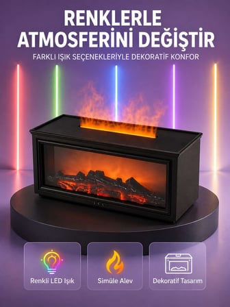 Şömine Görünümlü Hava Nemlendirici Renkli LED Işıklı Aroma Difüzörü