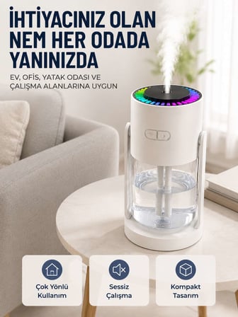 Ultrasonik Hava Nemlendirici Renkli LED Işıklı Sessiz Oda Nemlendirme Cihazı